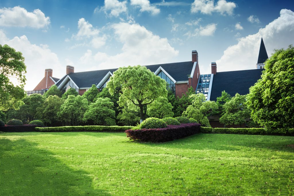 A red brick house partially obscured by healthy, green trees and bushes and a manicured lawn in the foreground. 