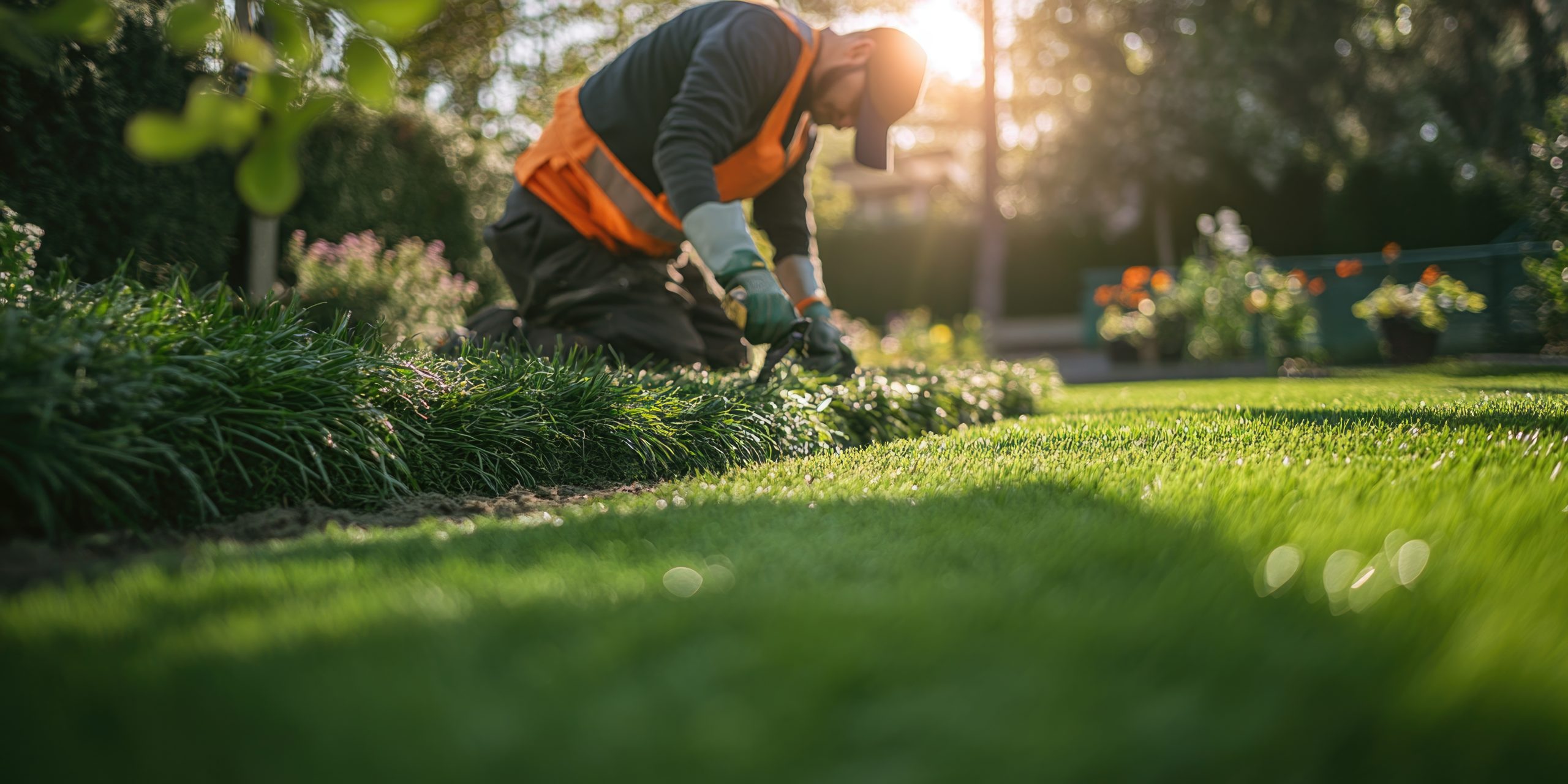 A man in an orange vest is trimming the grass in a yard
