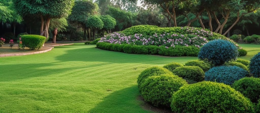 A well-landscaped, green lawn with flowerbeds of pink flowers and trees surrounding it.